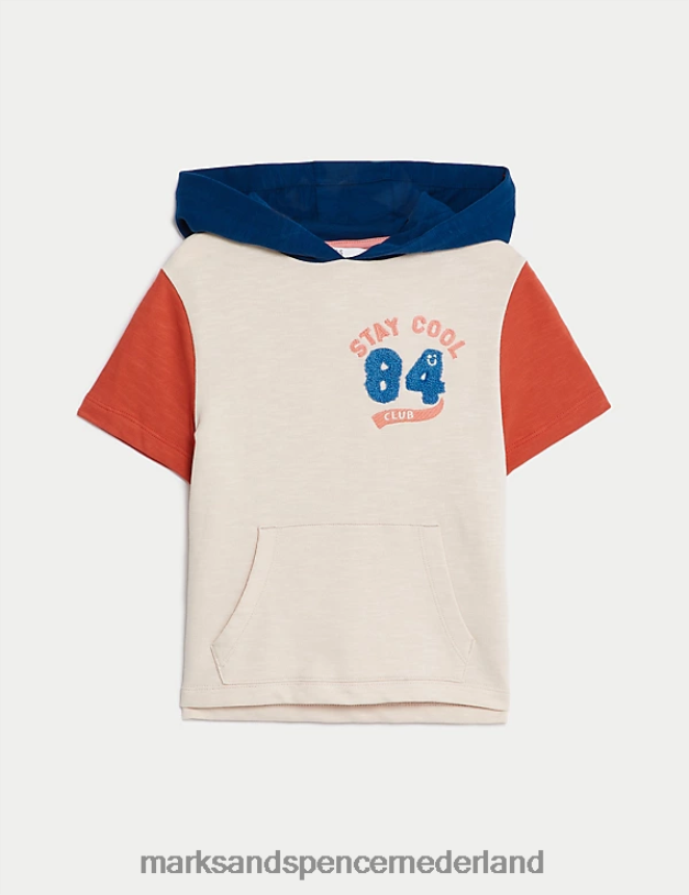 Marks & Spencer kinderen Hoodie van puur katoen met korte mouwen crème mix kleding N8VZP8092