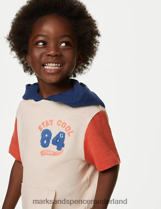 Marks & Spencer kinderen Hoodie van puur katoen met korte mouwen crème mix kleding N8VZP8092