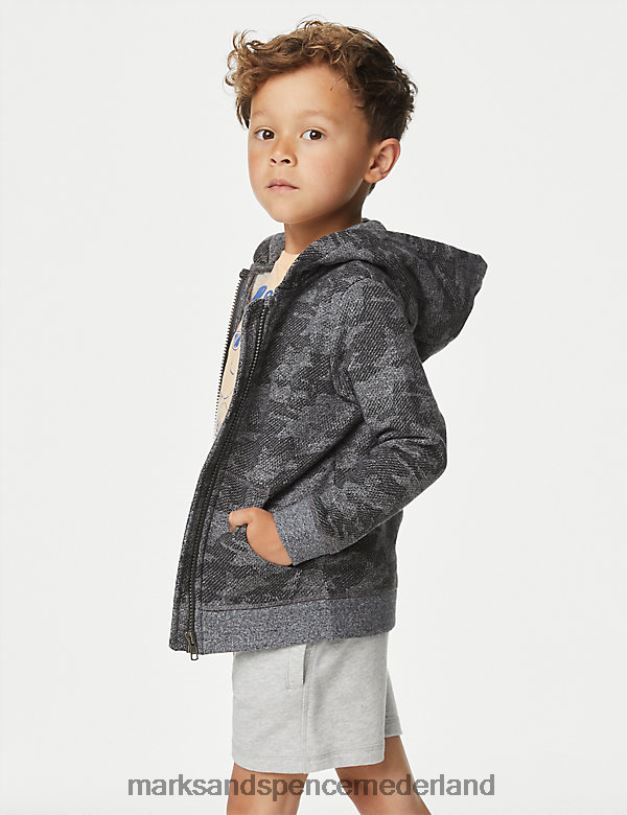 Marks & Spencer kinderen Katoenrijke hoodie met rits en patroon houtskool mengsel kleding N8VZP8110