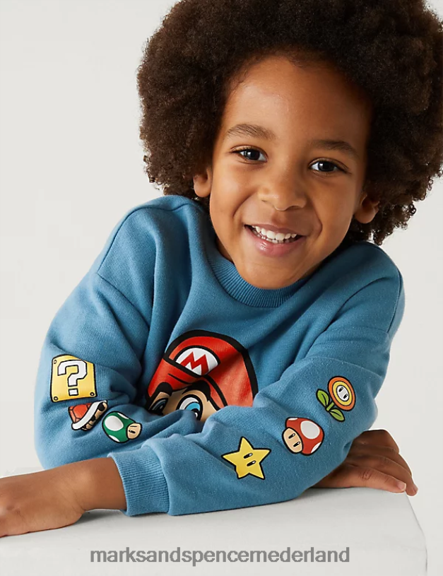 Marks & Spencer kinderen katoenrijk Super Mario-sweatshirt blauw kleding N8VZP7897