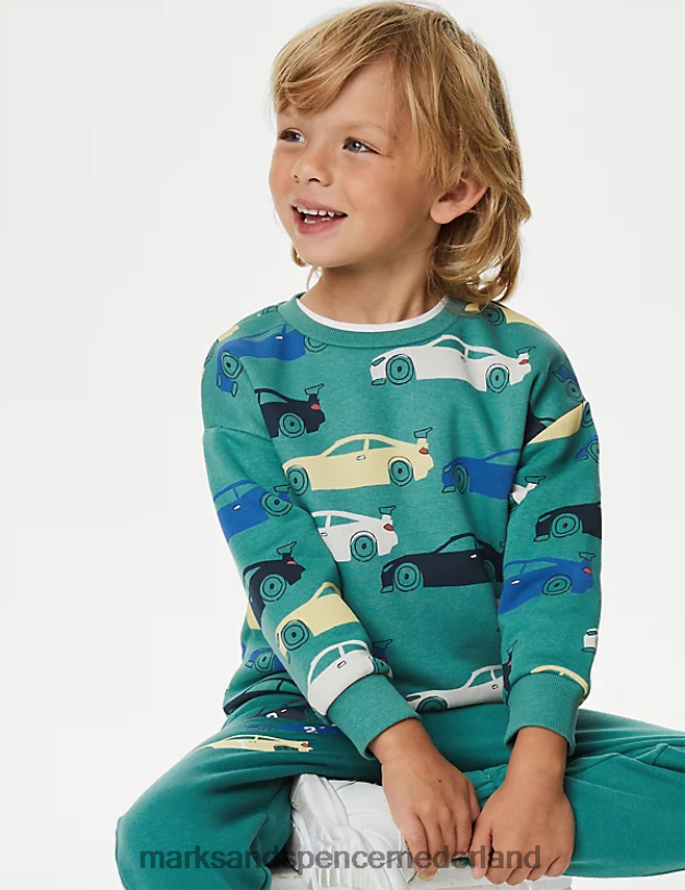Marks & Spencer kinderen katoenrijk transportsweatshirt groene mix kleding N8VZP7805