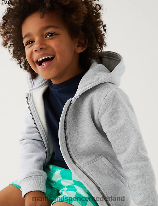 Marks & Spencer kinderen katoenrijke effen hoodie grijs kleding N8VZP7634
