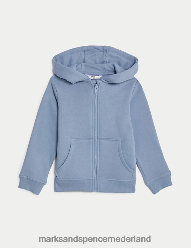 Marks & Spencer kinderen katoenrijke hoodie met rits middelblauw kleding N8VZP8422