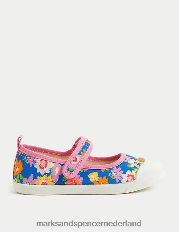 Marks & Spencer kinderen Mary Jane-schoenen met riptape-bloemen roze mix schoenen N8VZP9390