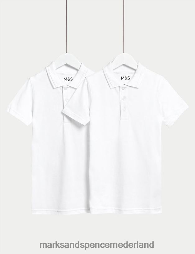 Marks & Spencer kinderen 2 stuks gemakkelijk aan te trekken schoolpoloshirts wit schooluniform N8VZP7851