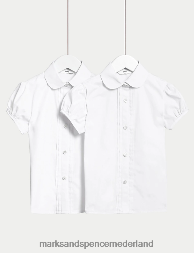 Marks & Spencer kinderen 2 stuks gemakkelijk te strijken schooloverhemden met biesjes wit schooluniform N8VZP8880