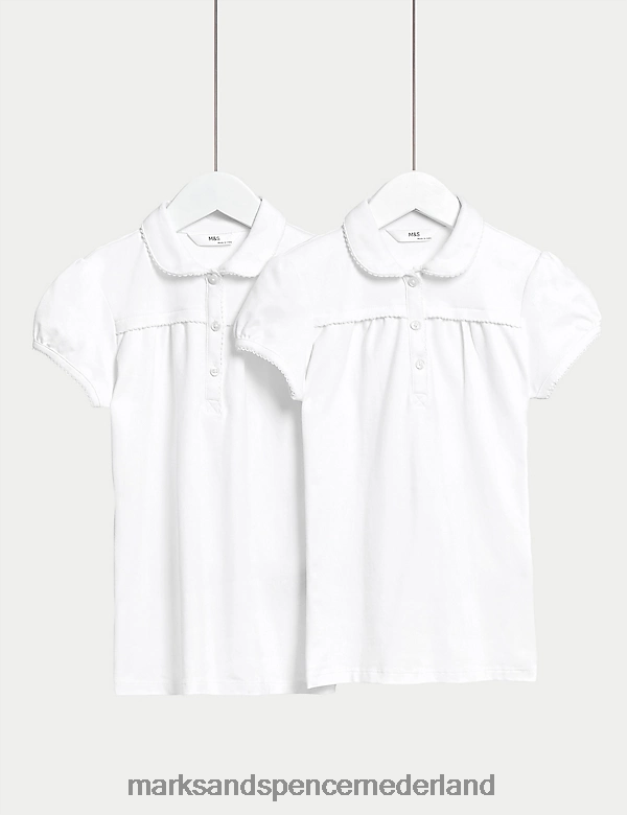 Marks & Spencer kinderen 2 stuks katoenen schoolpoloshirts met normale pasvorm wit schooluniform N8VZP8923