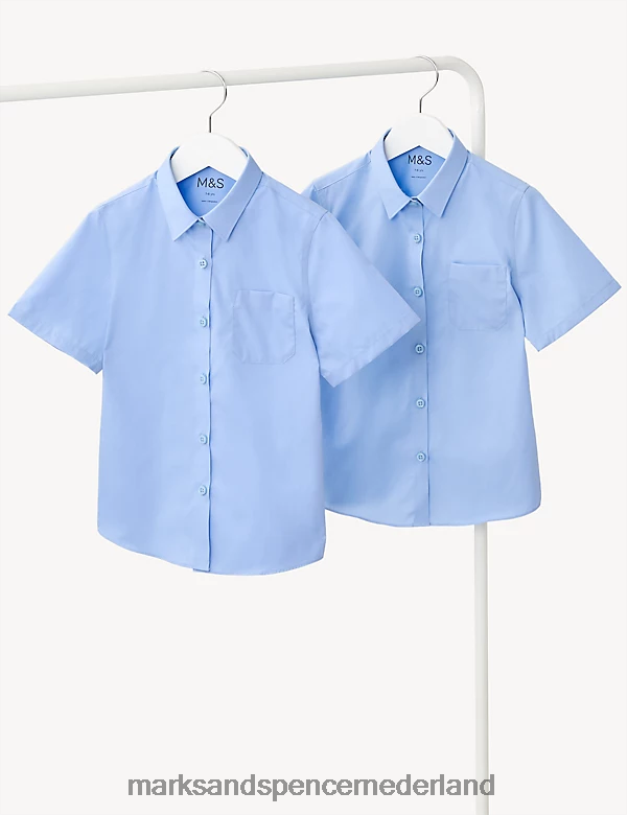 Marks & Spencer kinderen 2 stuks slim-fit strijkvrije schooloverhemden blauw schooluniform N8VZP9667