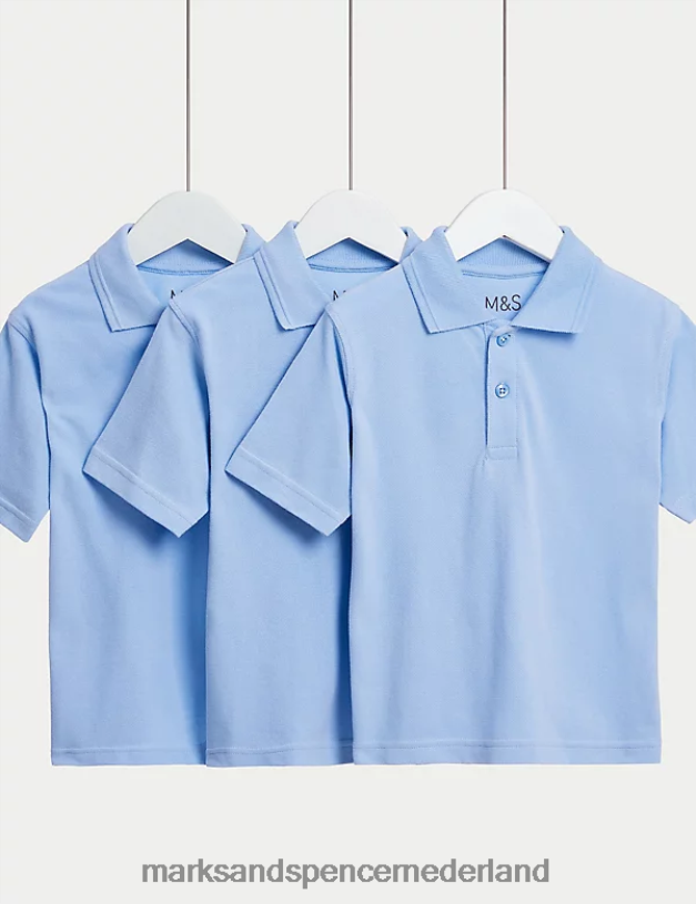 Marks & Spencer kinderen 3 stuks puur katoenen schoolpoloshirts blauw schooluniform N8VZP317