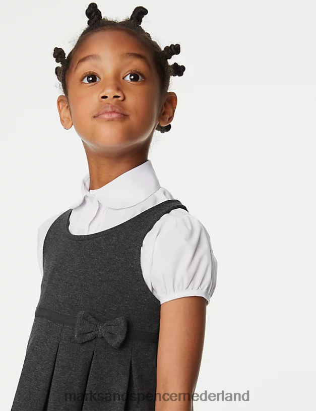 Marks & Spencer kinderen schoolovergooier van jersey met strik grijs schooluniform N8VZP8962
