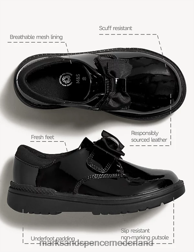 Marks & Spencer kinderen leren Freshfeet schoolschoenen met strik zwart schooluniform N8VZP9799