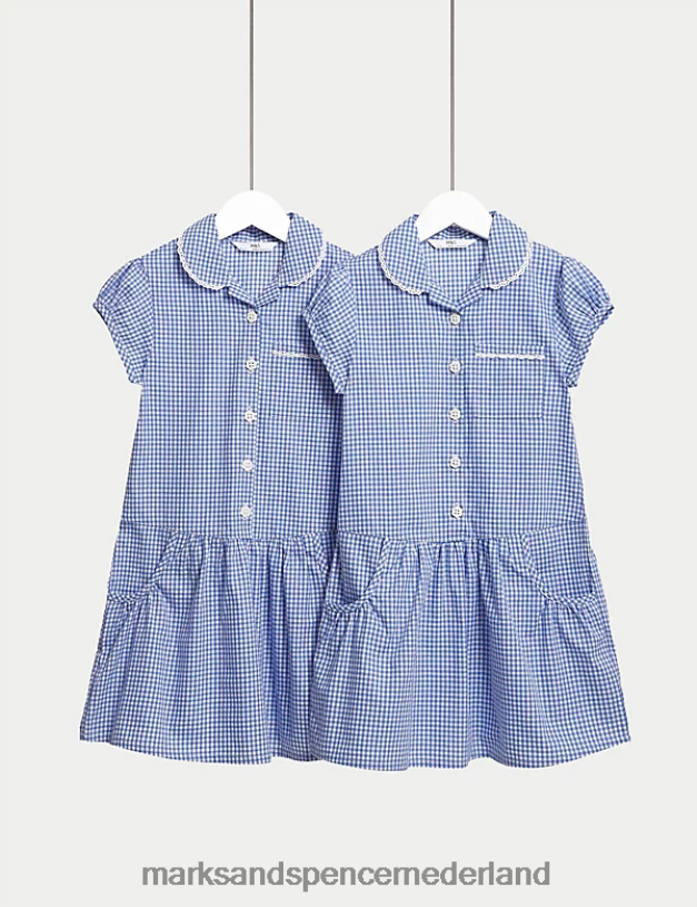 Marks & Spencer kinderen 2 stuks katoenen plus-fit schooljurken midden blauw schooluniform N8VZP9823