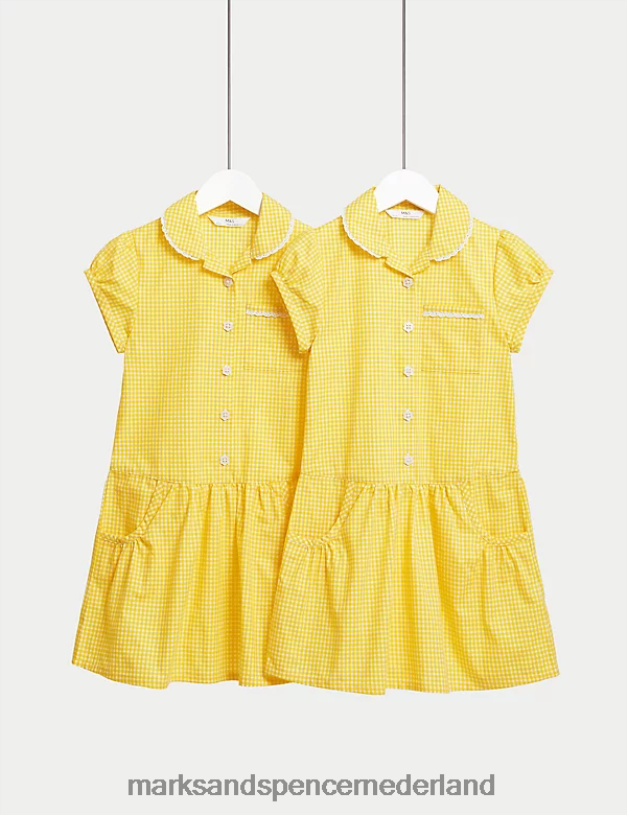 Marks & Spencer kinderen 2 stuks katoenen schooljurken met gingham-ruit geel schooluniform N8VZP8968