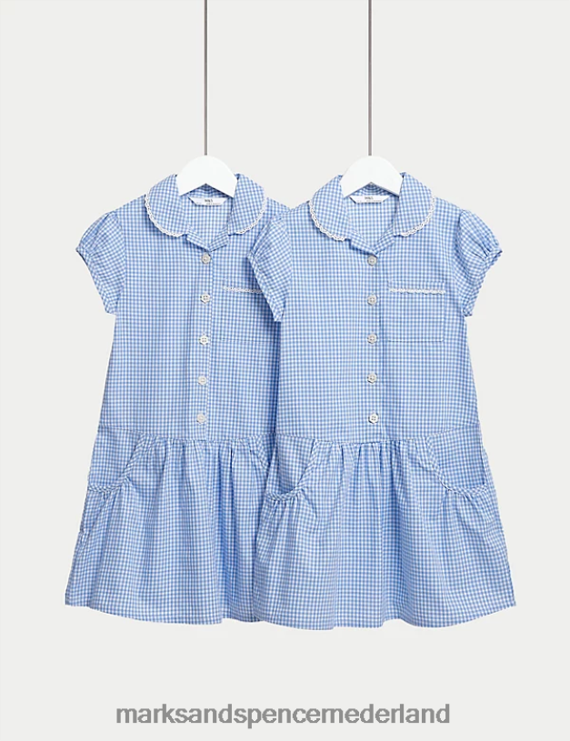 Marks & Spencer kinderen 2 stuks katoenen schooljurken met gingham-ruit lichtblauw schooluniform N8VZP9230