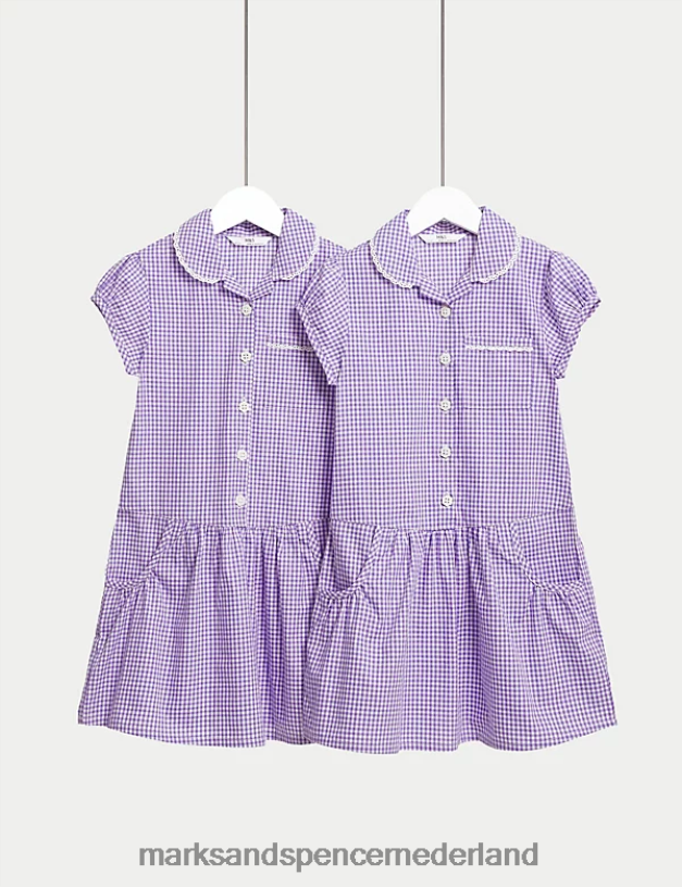 Marks & Spencer kinderen 2 stuks katoenen schooljurken met gingham-ruit lila schooluniform N8VZP9234