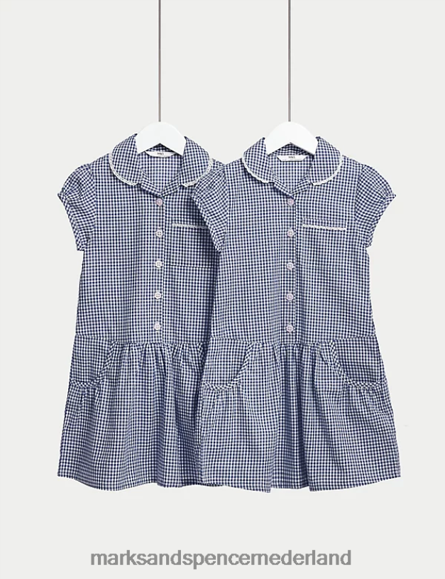 Marks & Spencer kinderen 2 stuks katoenen schooljurken met gingham-ruit marine schooluniform N8VZP9233