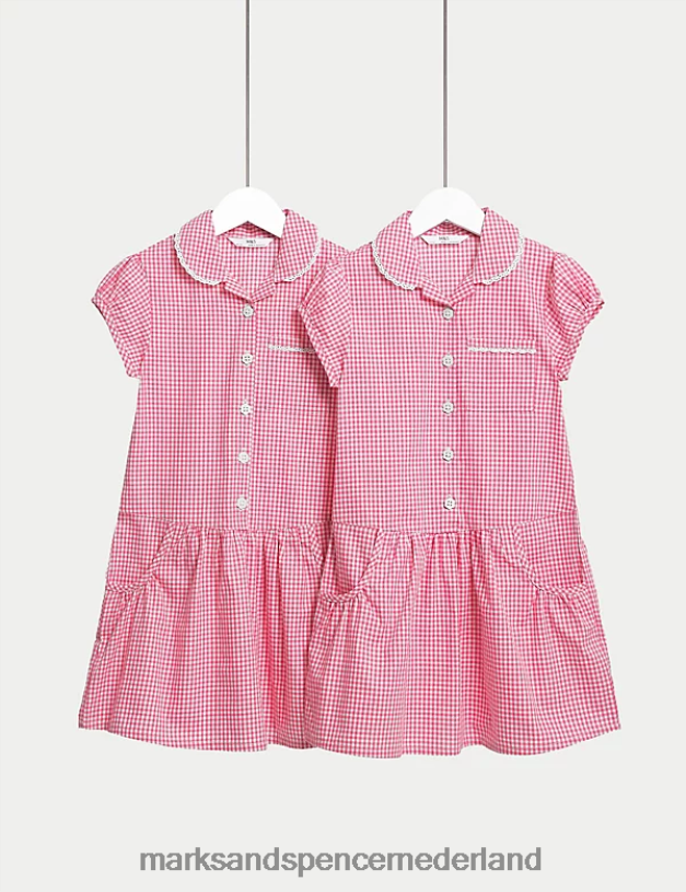 Marks & Spencer kinderen 2 stuks katoenen schooljurken met gingham-ruit roze schooluniform N8VZP9231