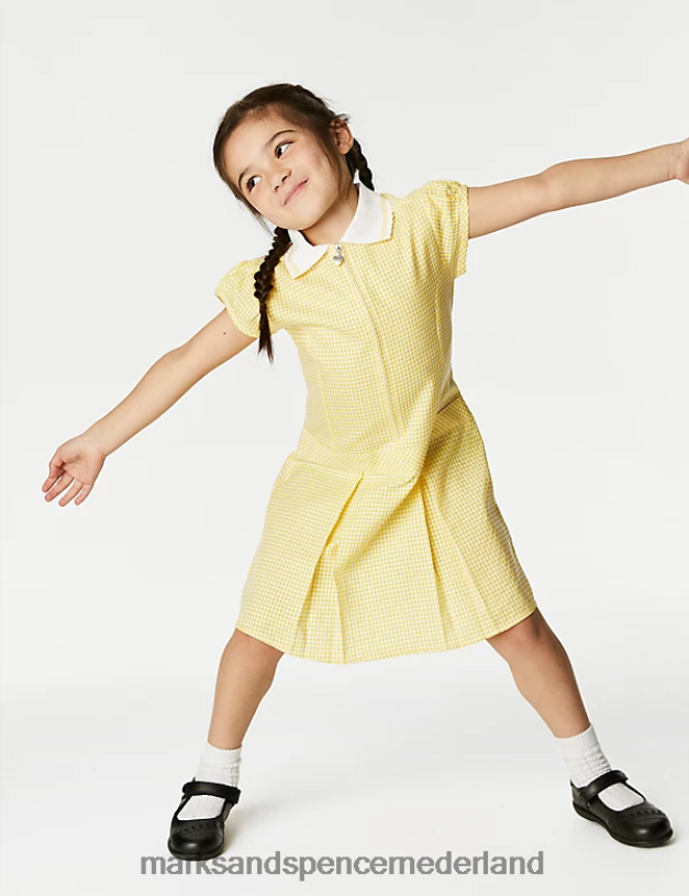 Marks & Spencer kinderen Geplooide schooljurk met gingham-ruit geel schooluniform N8VZP9143