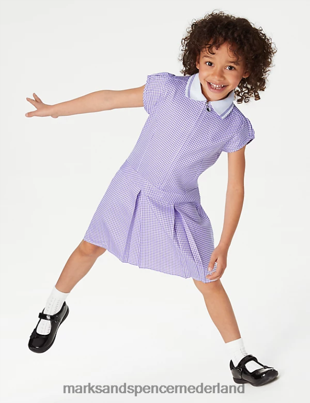 Marks & Spencer kinderen Geplooide schooljurk met gingham-ruit lila schooluniform N8VZP9141