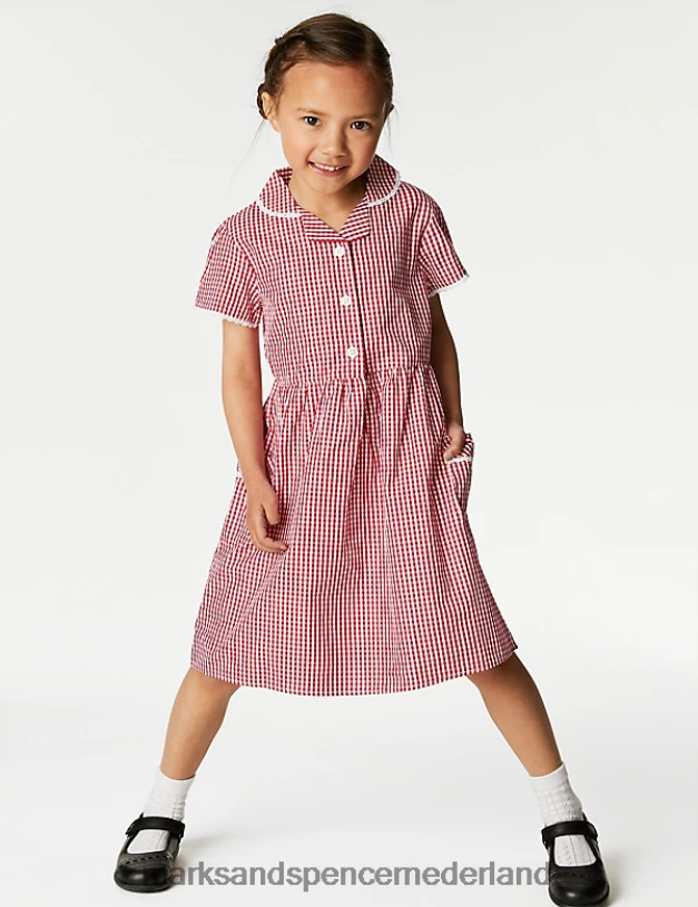 Marks & Spencer kinderen Schooljurkje van puur katoen met gingham-motief rood schooluniform N8VZP9562