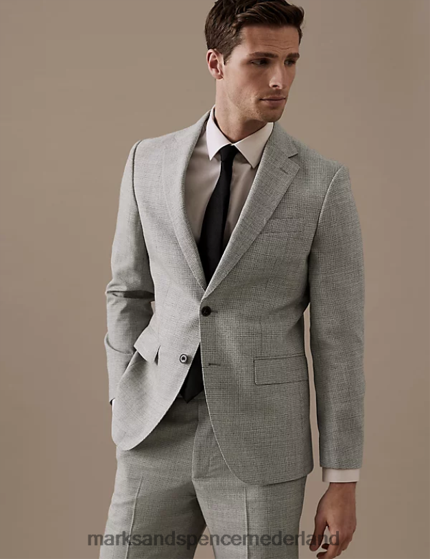 Marks & Spencer unisex Getailleerd jasje van zuiver wollen puppytooth-pak grijs kleding N8VZP6589