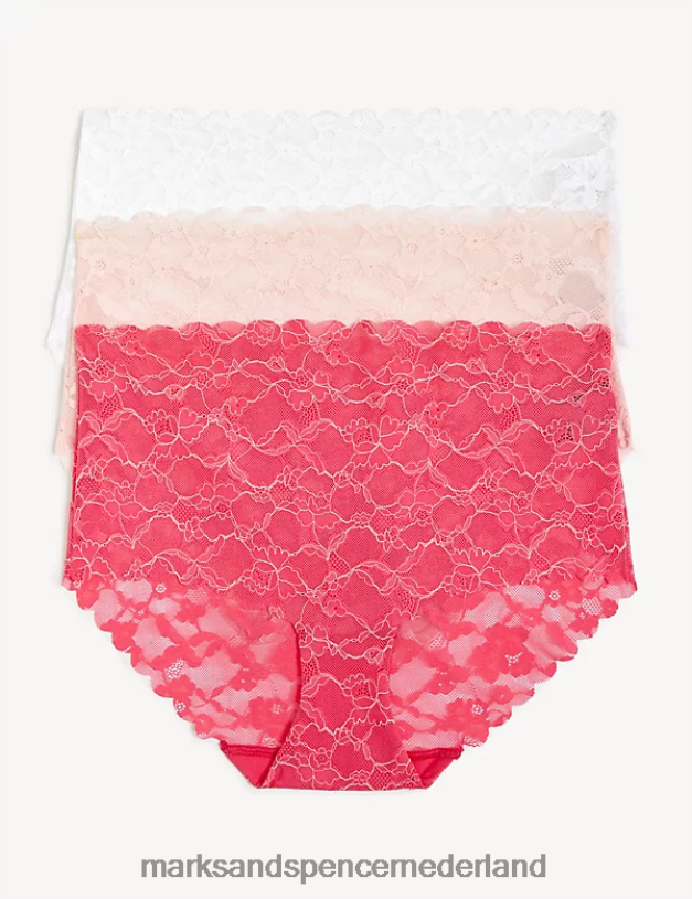 Marks & Spencer unisex 3 paar freecut kanten onderbroeken met hoge taille felroze kleding N8VZP4009
