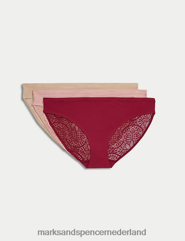 Marks & Spencer unisex 3-delige bodybikinibroekjes van zacht kant donkere framboos kleding N8VZP4161