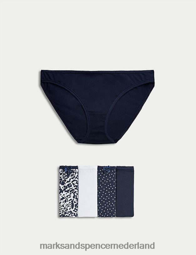 Marks & Spencer unisex 5 stuks katoenen lycra bedrukte bikinibroekjes marine mix kleding N8VZP3764