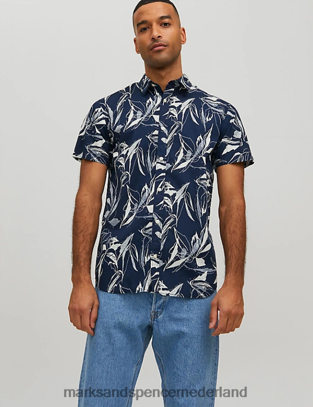 Marks & Spencer unisex Oxford overhemd van puur katoen met bladprint marine kleding N8VZP6748