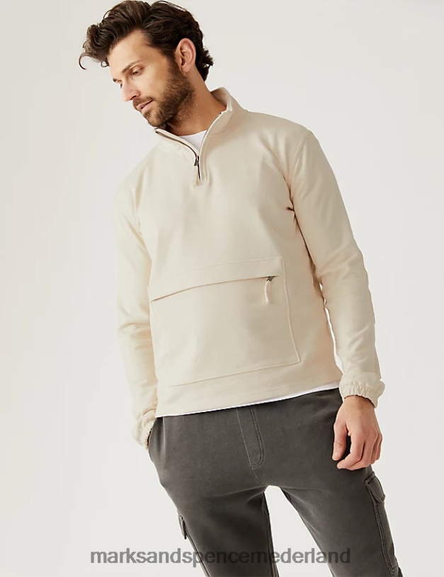 Marks & Spencer unisex Sweatshirt van puur katoen met trechterhals en halve rits ecru kleding N8VZP6377