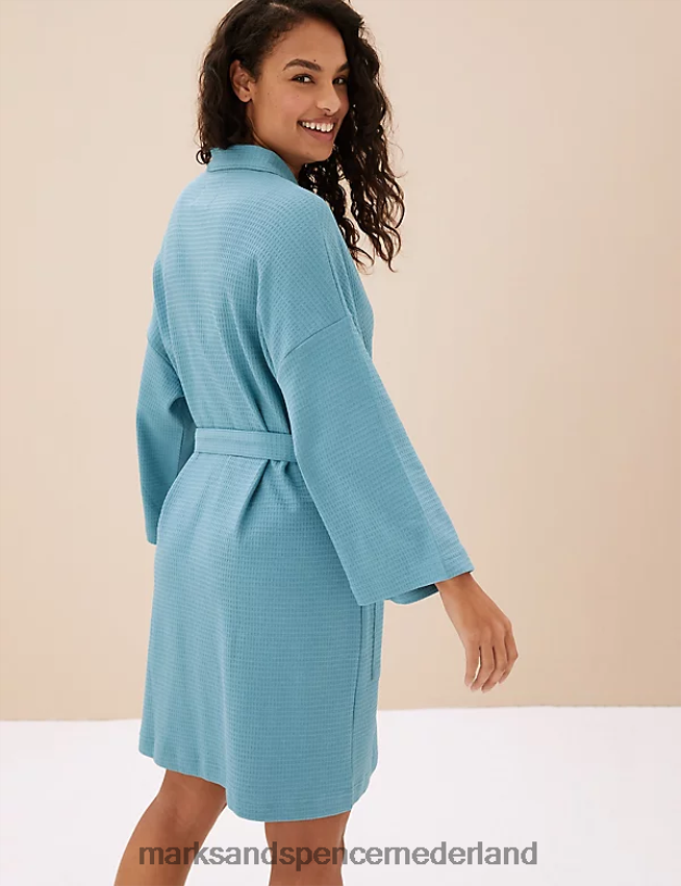 Marks & Spencer unisex Kamerjas van puur katoen met wafelpatroon pauw lingerie N8VZP3662