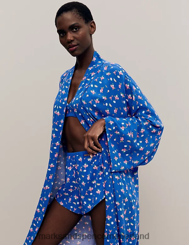 Marks & Spencer unisex Lange kimono-jurk met bloemenprint blauw mengsel lingerie N8VZP3496