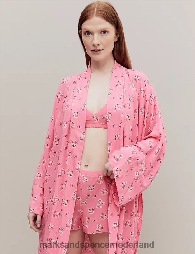 Marks & Spencer unisex Lange kimono-jurk met bloemenprint roze mix lingerie N8VZP3562