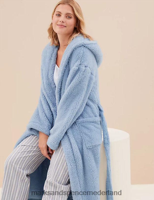 Marks & Spencer unisex Lange ochtendjas van fleece met capuchon lichtblauw lingerie N8VZP3610
