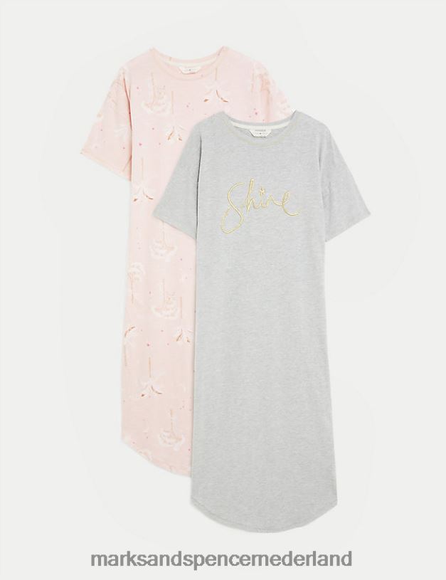 Marks & Spencer unisex 2 stuks katoenrijke lange nachthemden met print roze mix lingerie N8VZP3476