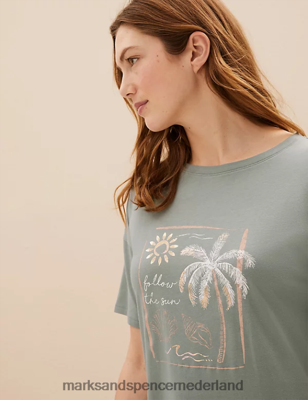 Marks & Spencer unisex 2 stuks puur katoenen lange nachthemden met print groene mix lingerie N8VZP3494