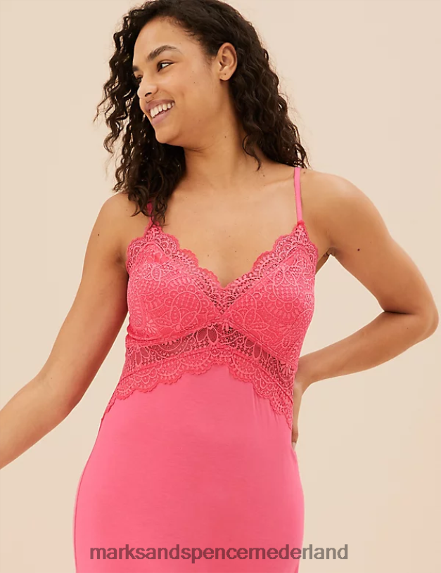 Marks & Spencer unisex lange chemise met bandjes en kanten rand fel roze lingerie N8VZP3568