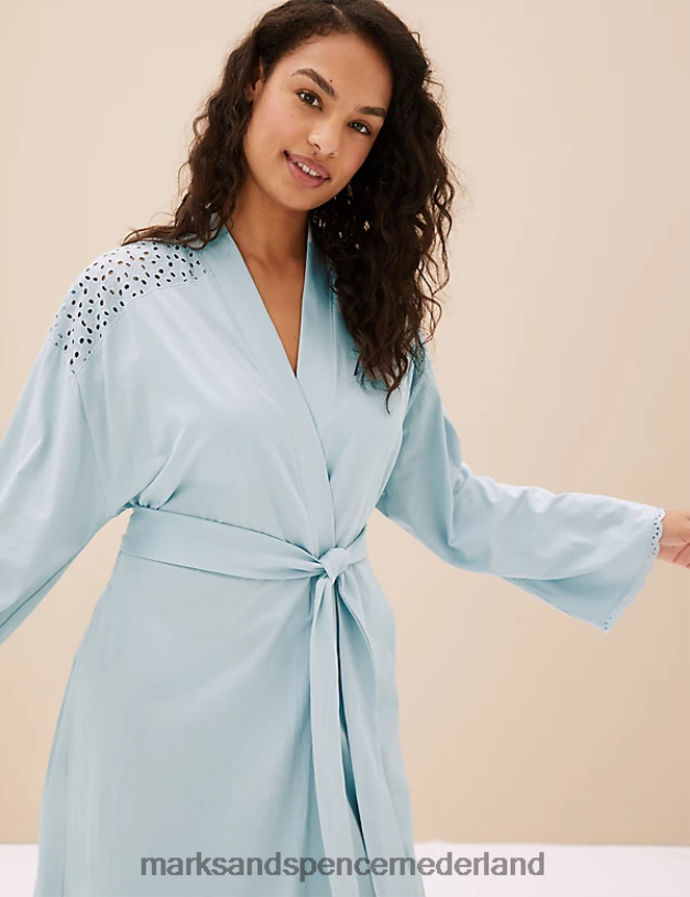 Marks & Spencer unisex Kamerjas van zuiver katoen met strikband lichtblauw lingerie N8VZP3544