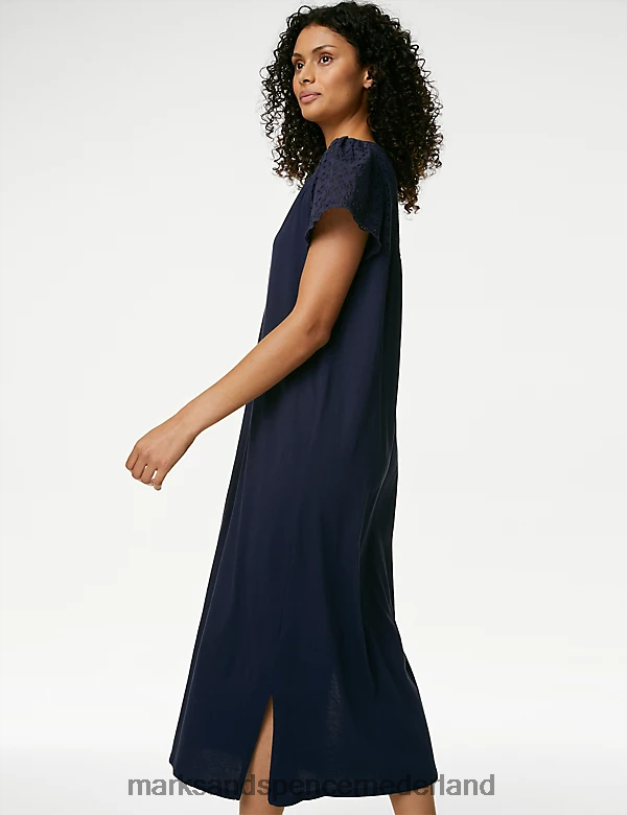 Marks & Spencer unisex Lang nachthemd van puur katoen met broderie-afwerking marine lingerie N8VZP3358
