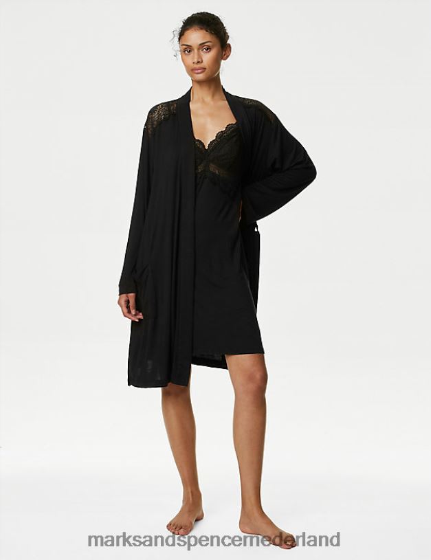 Marks & Spencer unisex body korte kamerjas met zacht kantdetail zwart lingerie N8VZP3461