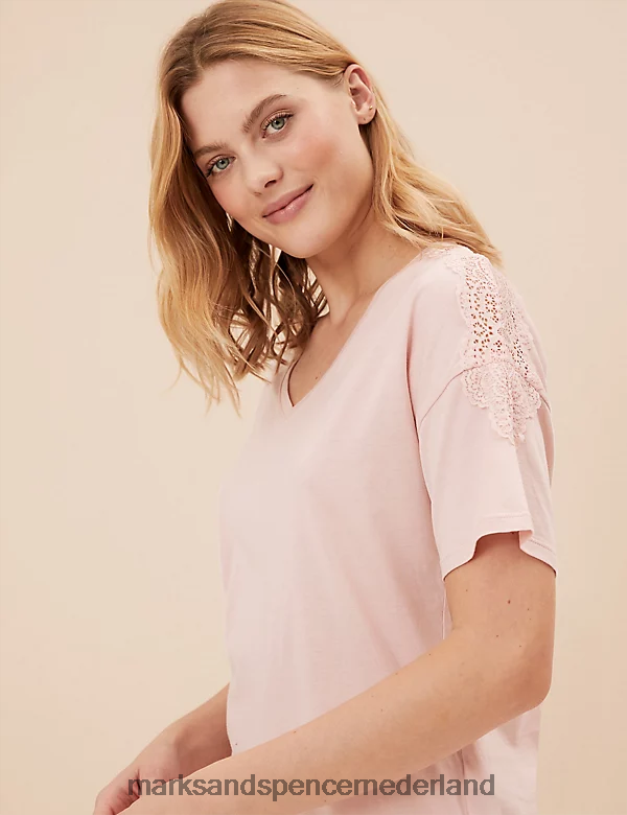 Marks & Spencer unisex Katoenen pyjamaset van modal kant zacht roze lingerie N8VZP3377