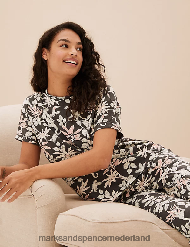 Marks & Spencer unisex Katoenrijke cropped pyjamaset met jungleprint donker grijs lingerie N8VZP3659