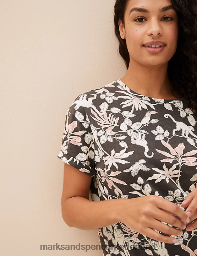 Marks & Spencer unisex Katoenrijke cropped pyjamaset met jungleprint donker grijs lingerie N8VZP3659