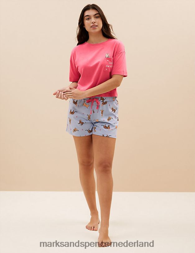 Marks & Spencer unisex Katoenrijke kattenshortieset blauw mengsel lingerie N8VZP3455