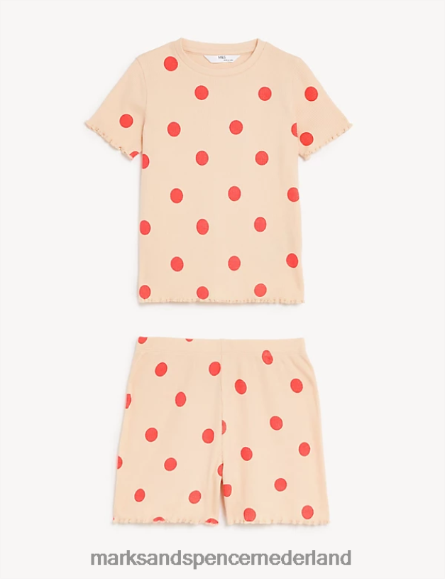 Marks & Spencer unisex Katoenrijke korte pyjamaset met gevlekte rib lichte perzik lingerie N8VZP9568