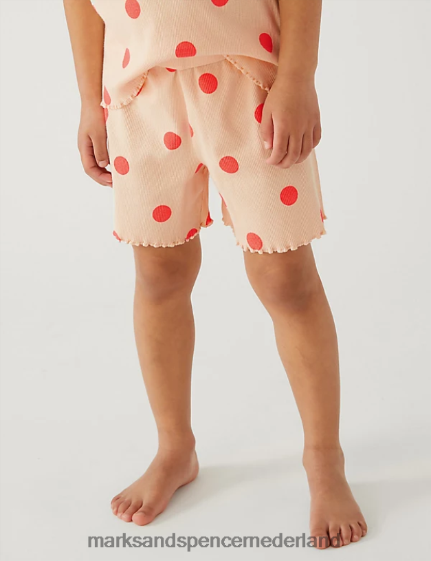 Marks & Spencer unisex Katoenrijke korte pyjamaset met gevlekte rib lichte perzik lingerie N8VZP9568