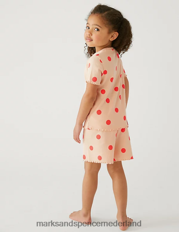 Marks & Spencer unisex Katoenrijke korte pyjamaset met gevlekte rib lichte perzik lingerie N8VZP9568