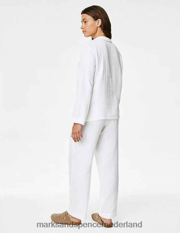 Marks & Spencer unisex Pyjamaset van puur katoen met reverskraag wit lingerie N8VZP3381