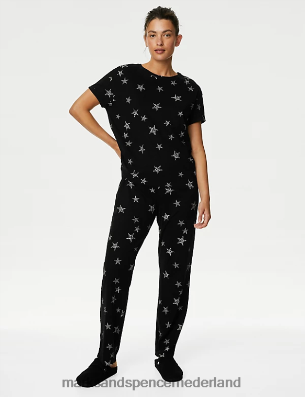 Marks & Spencer unisex Pyjamaset van puur katoen met sterrenprint zwarte mix lingerie N8VZP3339