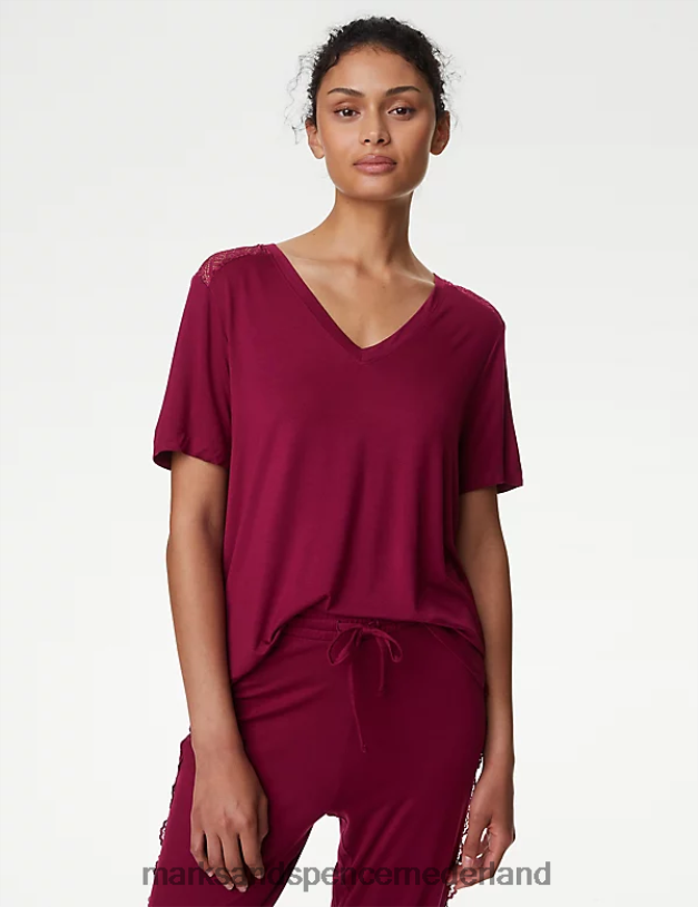 Marks & Spencer unisex body zachte pyjamatop met kantdetail donkere framboos lingerie N8VZP3732